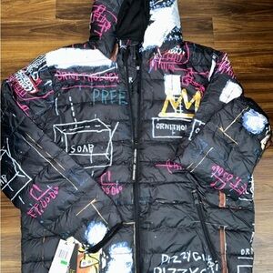 Members Only Black and Pink Puffer Coat with Glossy Finish